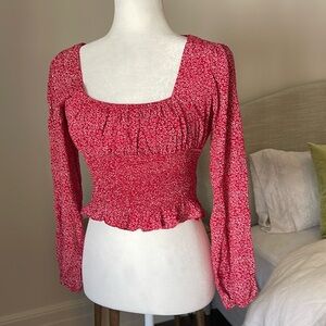 Princess Polly red long sleeve top. Cropped detail with ruffle hem.